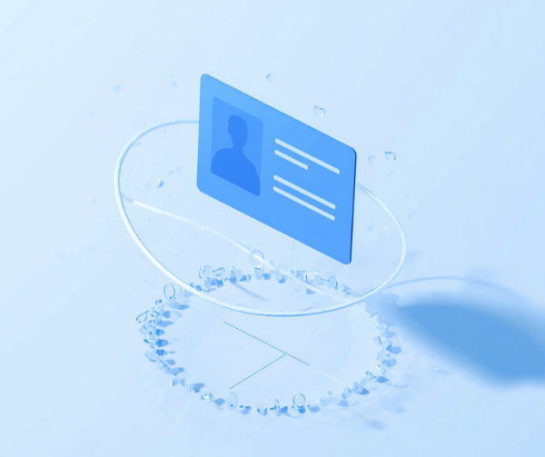 Ilustração 3D de um cartão de registo de cliente a flutuar sobre um anel de nós ligados, representando o histórico partilhado de um cliente, em tons de azul sobre fundo claro.